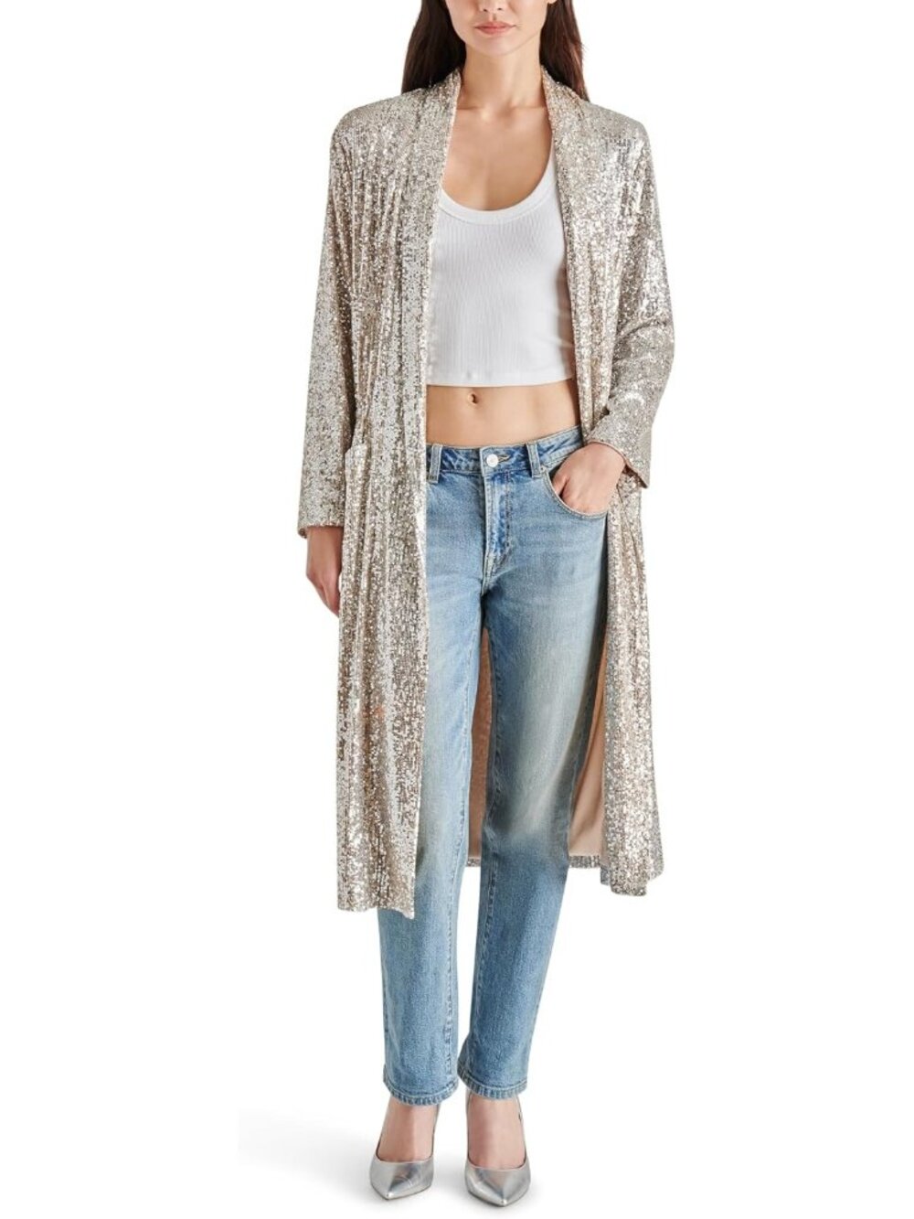 Steve Madden Women's Silver Long Sleeve Round Collar SOLID Show Stopper Duster